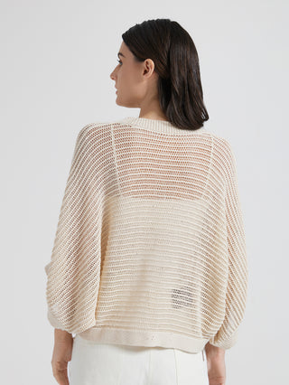 Beige knit pullover back view with openwork texture and loose drape