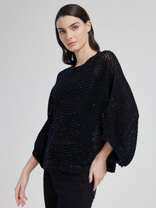 Black openwork knit pullover with beaded chain accents, draped sleeves and crew neck