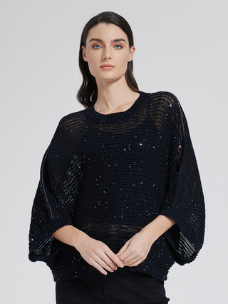 Black hollow knit pullover with beaded chain sparkle, relaxed drape and wide sleeves