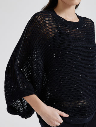 Black openwork knit pullover sleeve close-up with beaded chain shine