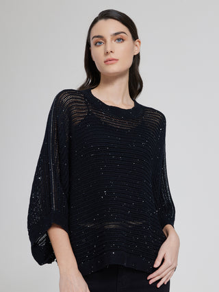 Black hollowed-out knit pullover with beaded chain sparkle, loose fit