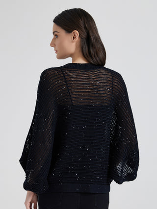 Black knit pullover back view, openwork pattern with beaded chain detail
