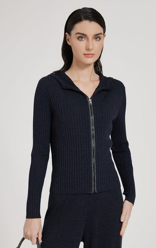 Black ribbed knit cardigan with hood and front zip closure, long sleeves.