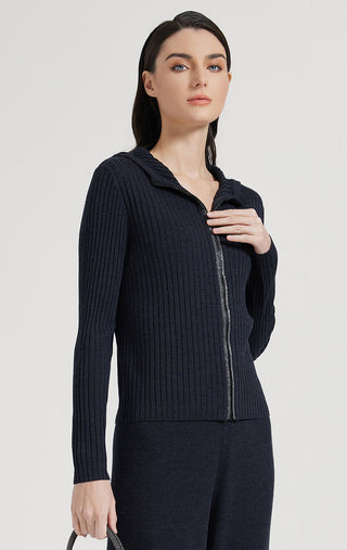 Black hooded zip knit cardigan with ribbed texture and vertical channel stripes.