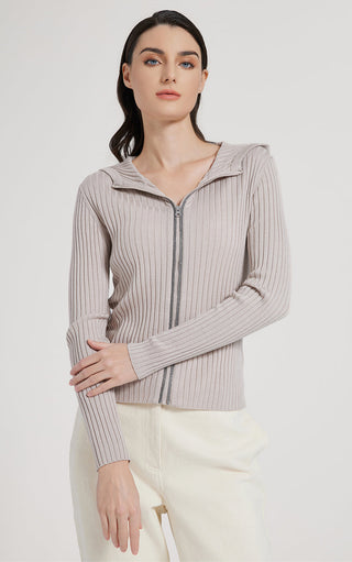 Camel hooded zip knit cardigan, ribbed texture and vertical stripes along the body.