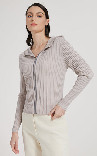 Camel hooded zip rib knit cardigan with stand collar and fitted ribbed hem.
