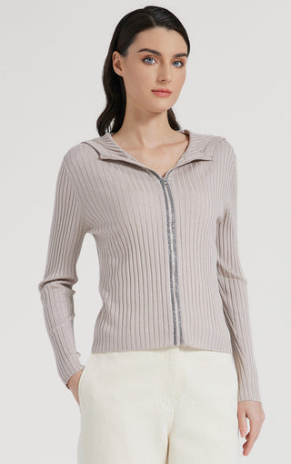 Camel ribbed knit cardigan with hood and front zip closure, long sleeves.