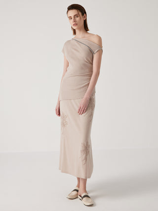 Beige wool-silk midi skirt with embroidered floral motifs, front view