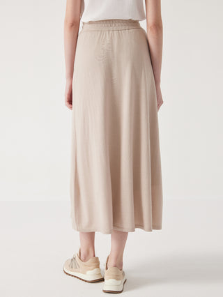Beige wool-silk midi skirt with elastic waistband, embroidered hem view
