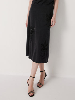 Black midi skirt with side floral embroidery, straight hem
