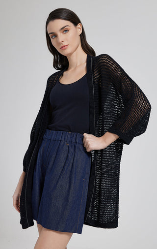Black linen open-front crochet cardigan, loose fit with textured open-knit sleeves