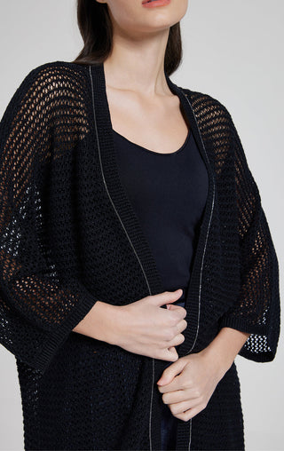 Black crochet cardigan close-up: open-front V edge and textured knit texture