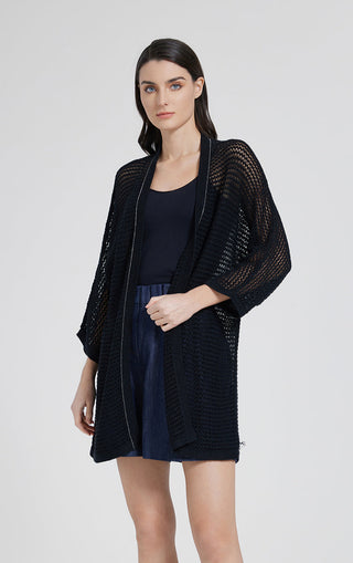 Black linen open-front crochet cardigan with three-quarter sleeves and draped fit