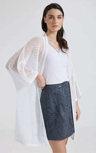 White linen open-front crochet cardigan with draped fit and airy open-knit texture