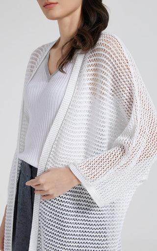 White crochet cardigan close-up: open-front edge and lacy sleeve texture