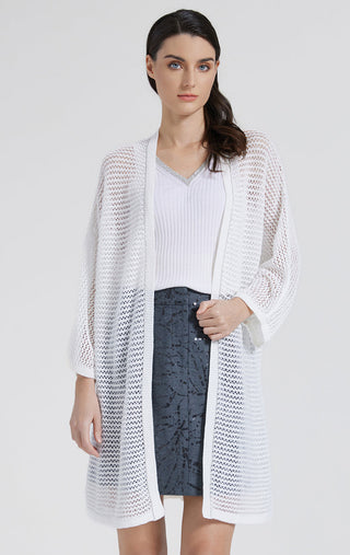 White linen open-front crochet cardigan, front view with open V neckline and drape