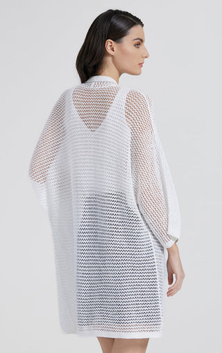 White linen open-front crochet cardigan, back view with roomy wide sleeves