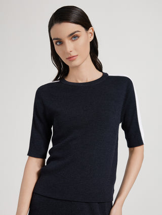 Wool-silk knit top in graphite gray with white contrast stripe on short sleeves