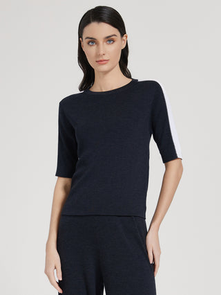 Graphite gray knit top, crew neck, short sleeves with white contrast stripe
