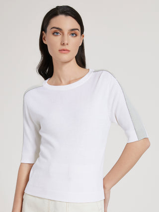 White crew-neck knit top with light gray contrast stripe along short sleeves
