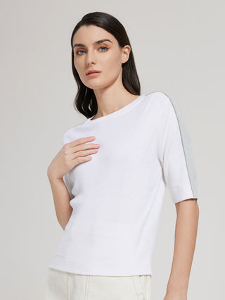 White short-sleeve knit top with light gray contrast sleeve stripe