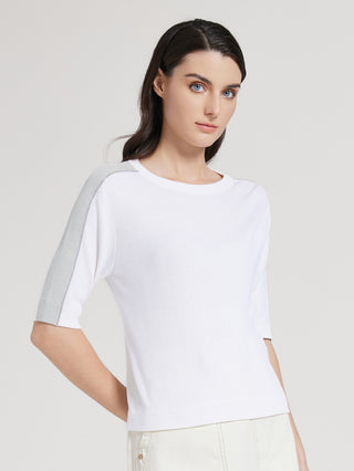 Wool-silk knit top in white with light gray contrast stripe on short sleeves