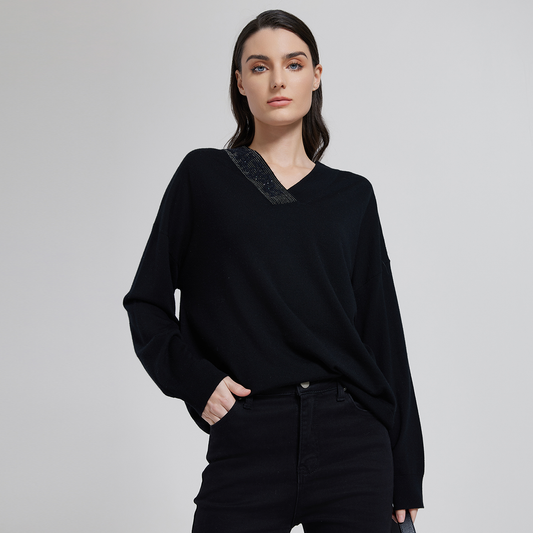 2025  wool silk V-neck pullover  top