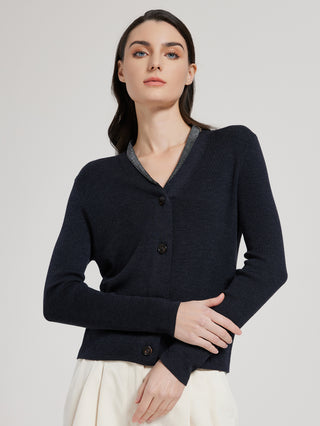 Graphite gray wool-silk cardigan sweater, long sleeves, V-neck with contrast dark trim