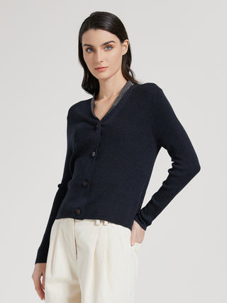 Graphite gray cardigan sweater, long sleeves and curved hem with dark button closures