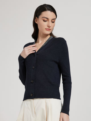 Graphite gray wool-silk long-sleeve cardigan, button-front V-neck with ribbed texture