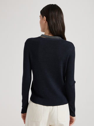 Graphite gray cardigan back view, long sleeves and ribbed hem