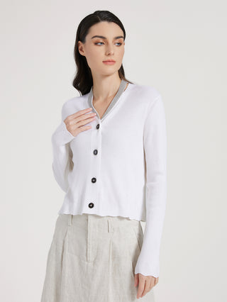 White cardigan with long sleeves, V-neck and button-front placket, ribbed knit finish