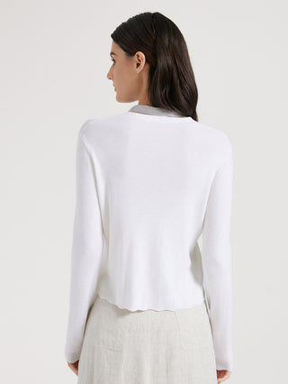 White cardigan back view, long sleeves and ribbed knit texture with scalloped hem