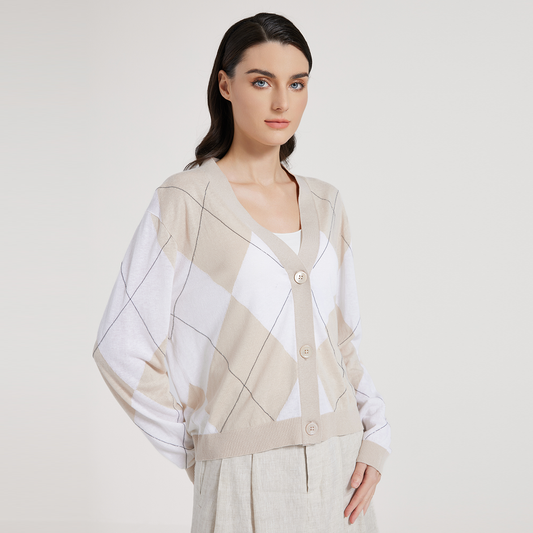 2025 Women Silk Linen Argyle Pattern Cardigan