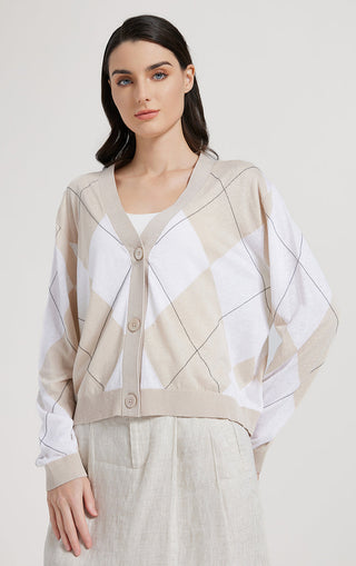 Camel-beige argyle check cardigan with button front and ribbed V-neck cuffs