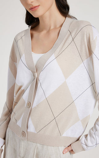 Camel-beige argyle check cardigan close-up with button placket and V-neck trim