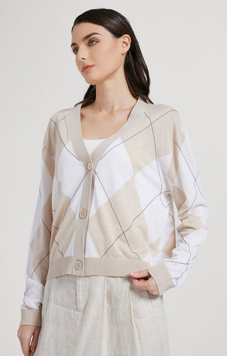 Camel-beige argyle check cardigan front view with button placket and ribbed hem