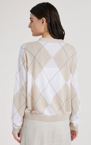 Back view of camel-beige argyle check knit cardigan with ribbed waistband and cuffs