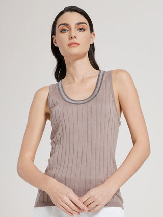 Dark camel wool-silk tank top with ribbed vertical stripes and double contrast trim