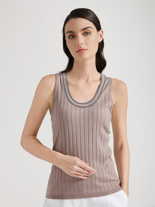 Dark camel ribbed tank top with scoop neck and double gray contrast trim