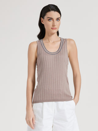 Camel wool-silk blend tank top with ribbed knit and blue contrast trim at scoop neck