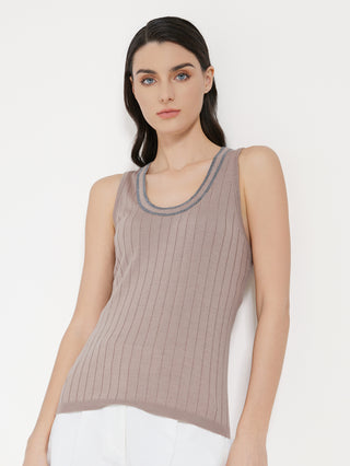 Camel knit tank top with ribbed texture and blue-trim scoop neckline, sleeveless