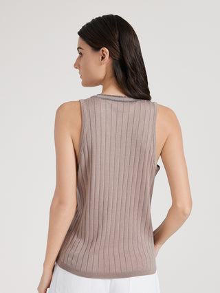Back view of dark camel sleeveless tank top with ribbed vertical knit and contrast trim