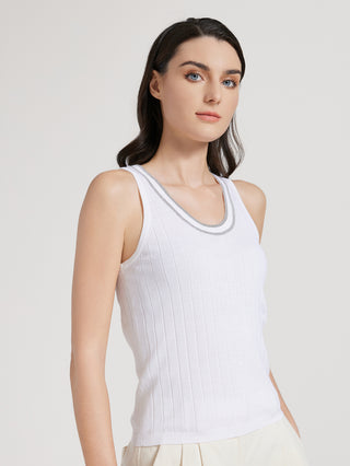 White wool-silk blend tank top with sleeveless cut and contrast-edged neckline