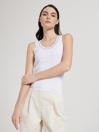 White sleeveless ribbed tank top with double contrast collar trim and fitted shape