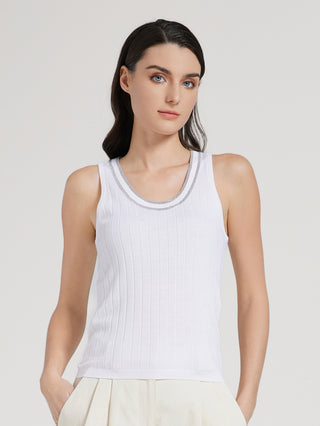 White ribbed tank top with vertical stripes and contrast-trim scoop neckline