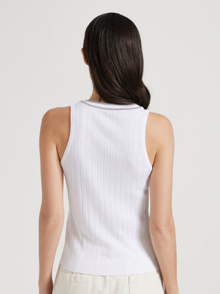 White back view of ribbed sleeveless tank top with contrast neck trim