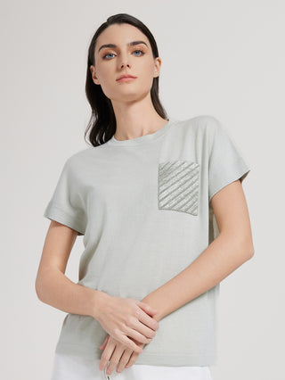 silk wool blend pocket design short sleeve pullover top