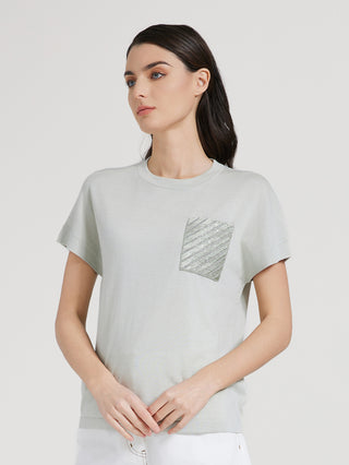 Sage green knit T-shirt with square embellished pocket, short sleeves