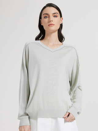 Sage green silk-wool knit top with V-neck and beaded trim, long sleeves